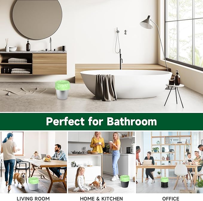 Biodegradable Small Trash Bags 4 Gallon, 105 Counts Unscented Bathroom Trash Bags, Easy Tearing Small Garbage Bags for Bathroom Bedroom Office, Green