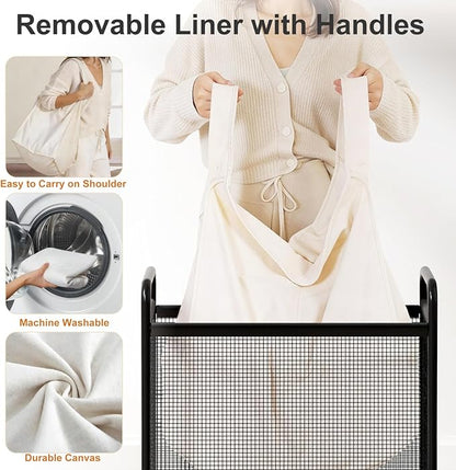 WOWLIVE Rolling Laundry Hamper with Wheels, 90L Laundry Basket with Removable Liner Bag, Laundry Sorter with Metal Handle, Large Capacity Clothes Hamper for Laundry Room, Bathroom and Dorm, Beige