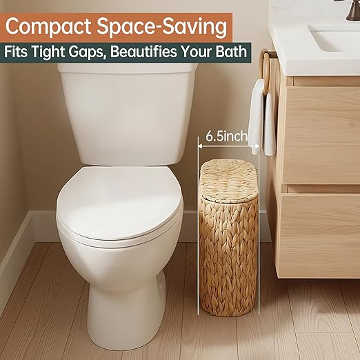 Coeusy Wicker Bathroom Trash Can with Lid,Narrow Rattan Waste Basket with Removable Liner Bucket,Slim Woven Water Hyacinth Garbage Can for Bedroom,Office,Small Spaces,3 Gallon