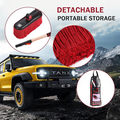Car Duster Exterior with Extendable Handle, Scratch Free Auto Wash Brush Mop, Interior Detailing Kit for Truck RV Boat - Wax Cotton Duster & Interior Brush, Red