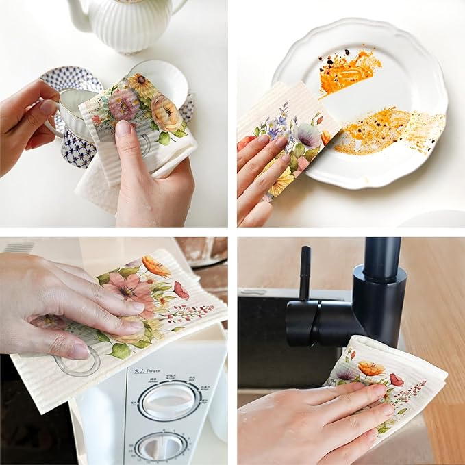 Spring Flowers Bird Swedish Dish Cloths - 6 Pack Reusable Compostable Kitchen Cloth, Cellulose Sponge Dish Towel Set
