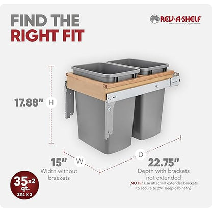 Rev-A-Shelf 35 Qt Top Mount Double Pullout Under Cabinet Kitchen Trash Cans w/Soft-Close for Base Cabinets,150 Pound Rated Full-Extension Slides, Min Opening Width of 15", Silver, 4WCTM-18BBSCDM2