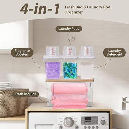 11.6"×7.5"×7" Large Trash Bag Holder with Bamboo Lid 3Pcs Air Tight Laundry Detergent Organizers with lid Measuring Cup Dishwasher Pod Holder Stackable Containers Under Sink for Kitchen Laundry Room