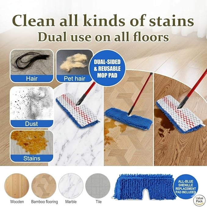 Microfiber Flat Mops for Floor Cleaning,Flat Mop with 3 Reusable Pads and Extendable 58" Long Handle for O Cedar Dual-Action Microfiber Flip Mop ,Washable Hardwood Floors Mopping to Dry and Wet Clean