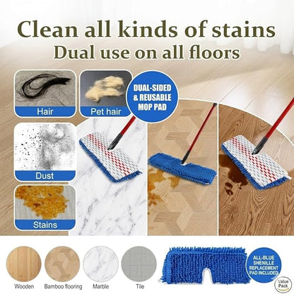 Microfiber Flat Mops for Floor Cleaning,Flat Mop with 3 Reusable Pads and Extendable 58" Long Handle for O Cedar Dual-Action Microfiber Flip Mop ,Washable Hardwood Floors Mopping to Dry and Wet Clean