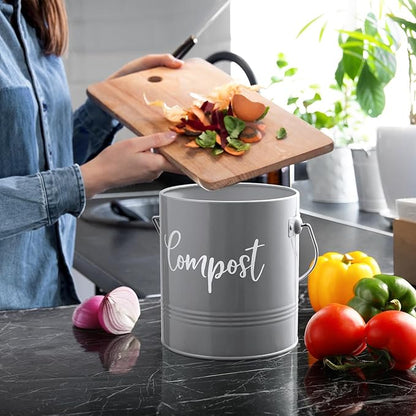 DAYYET Gray Compost Bin Kitchen, 1.3 Gallon Farmhouse Kitchen Compost Bin Countertop with Lid and Charcoal Filters, Indoor Compost Bucket for Decor and Accessories