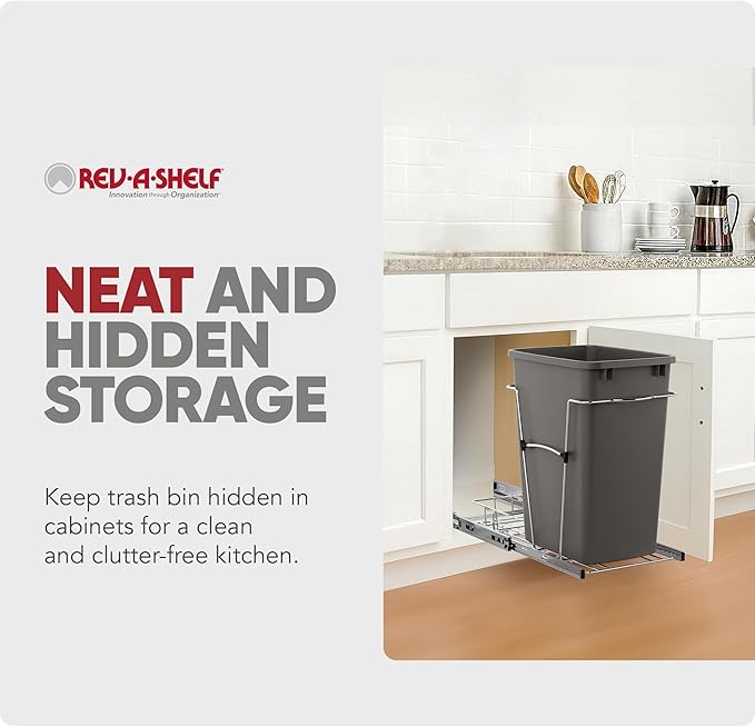 Rev-A-Shelf Single 35 Qt Pullout Trash Can for Base Kitchen Cabinets, Garbage Waste Bin System with Full Extension Slides, Min Opening Width of 11.5", Orion Gray, RV-12KD-13C-S