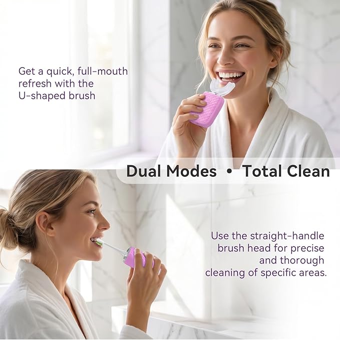 Sonic Electric U Shaped Toothbrush for Adults, Automatic Full Mouth Cleaning Toothbrush, 360° Stain Removal, IPX7 Waterproof Rechargeable, 3 U-Shape & 2 Straight Brush Heads (Pink-Cup)