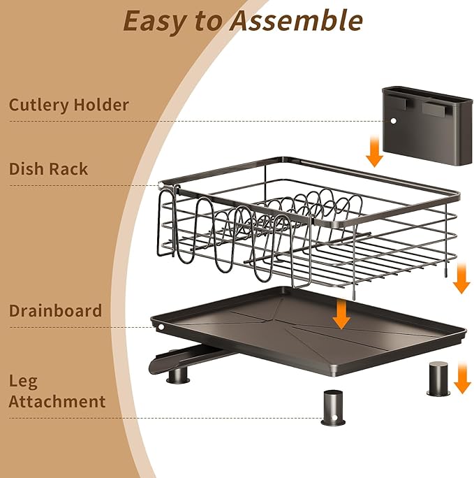 PureBox Dish Drying Rack with 2 Utensil Holders, Rustproof Metal Kitchen Counter Organizer with Cup Holder & Drain Board, Large Capacity Dish Rack for Sink, Black