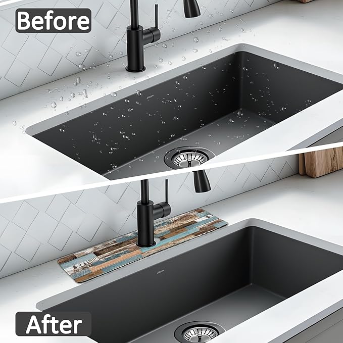 15" X 5.5" Kitchen Sink Splash Guard Faucet Mat Wood Grain Super Absorbent Fast Drying Faucet Guard & Draining Mat Sink Splash Guard Behind Faucet for Kitchen, Bathroom