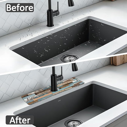 2PCS 15" X 5.5" Kitchen Sink Splash Guard Faucet Mat Wood Grain Super Absorbent Fast Drying Faucet Guard & Draining Mat Sink Splash Guard Behind Faucet for Kitchen, Bathroom