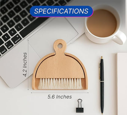 Desktop Table Dustpan and Brush Set for Home - Portable Cleaning Combo with Real Wood - Compact Brush for Sweeping