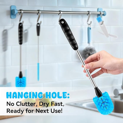 SLUXKE Long Handle Bottle Brush Set with Straw Cleaner Brush and 3 in 1 Cup Lid Cleaning Brush, Water Bottle Cleaner with Stainless Steel Handle for Cleaning Cup, Water Bottles, Tumblers, Baby Bottles