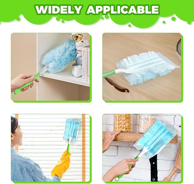 3PCS Duster Refills Folding Handles Set Compatible with Swiffer Dusters,Disposable Static Dust Removal Brush Handle for Dusting Electronics,Furniture,Blinds,Ceiling Fans (3, Green)