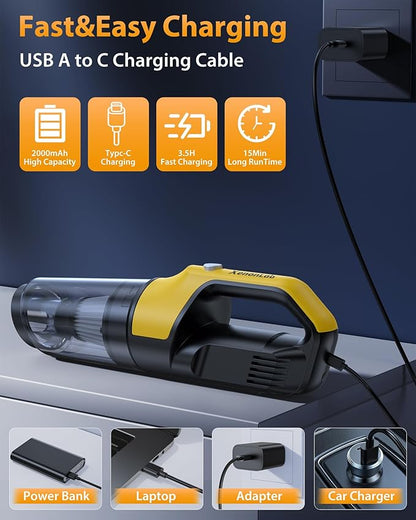 Handheld Vacuum Cordless 1.1 Pounds Car Vac 10000PA Hand Held Vacuums 4-in-1 Hand Vac Cordless Rechargeable HEPA Filter Large Capacity Dust Cup for Car Office Home Pets Hair (Yellow)