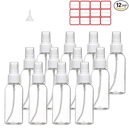 TINFO Spray Bottles, 12 Pack 4oz 120ml Clear Empty Fine Mist Plastic Mini Travel Bottle Set, Small Refillable Liquid Containers, 4 Ounce