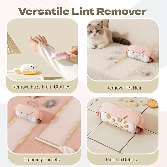 Bear Shaped Lint Roller - Washable & Reusable Sticky Roller with Strong Adhesion for Pet Hair Lint Dust Removal on Clothes Sofa Car Includes Fabric Shaver Travel Size (1, Yellow)