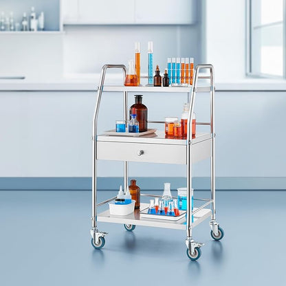 VEVOR Service Cart, 3 Layers Stainless Steel Utility Rolling Cart with Drawer, Lockable Wheels, Ideal for Laboratory, Hospital, Dental Use