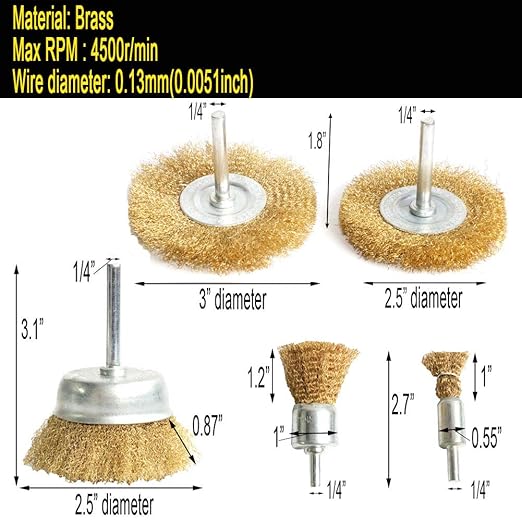 FPPO 5pcs Brass Wire Wheel Brush Kit for Drill,Crimped Cup Brush with 1/4-Inch Shank ,0.13mm True Brass Wire,Soft Enough to Cleaning or Deburring with Less Scrach