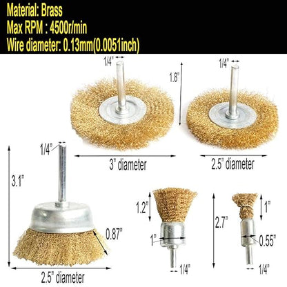 FPPO 5pcs Brass Wire Wheel Brush Kit for Drill,Crimped Cup Brush with 1/4-Inch Shank ,0.13mm True Brass Wire,Soft Enough to Cleaning or Deburring with Less Scrach