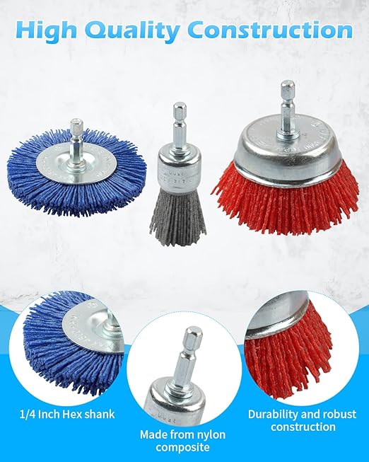 Rocaris 18 Pack Nylon Filament Abrasive Wire Brush Wheel & Cup Brush Set with 1/4 Inch Hex Shank, for Removal of Rust/Corrosion/Paint - 80 Grit, 120 Grit, 240 Grit
