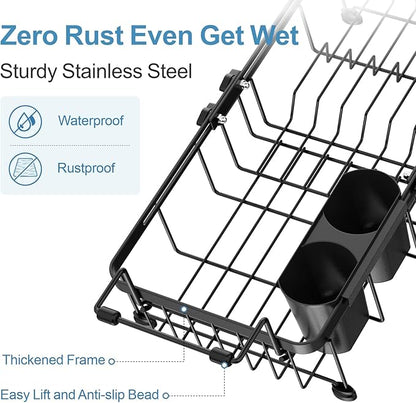 iSPECLE Small Sink Dish Drying Rack with Silicone Mat, 9" W Expandable Compact Rust Resistant Dish Drainer for RV Apartment Kitchen, Dish Rack with Lock Knob, Arms with Non Slip Rubber, Black