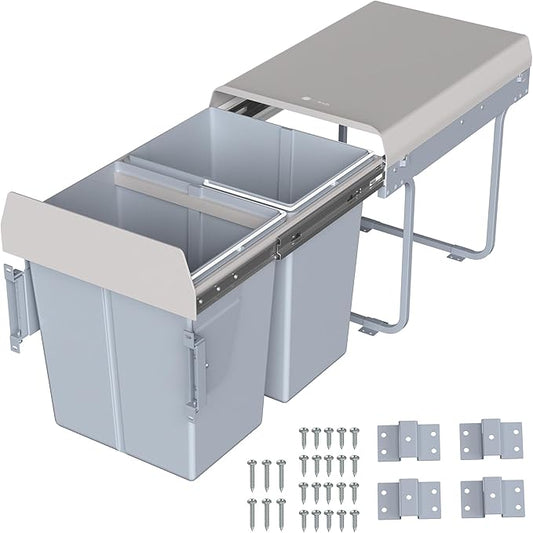 Life Finds 40L Under Counter Pull-Out Dual Trash Can System, Double Recycling Trash Can with Lid for Cabinet, Sliding Kitchen Waste Bin, Gray, LF-POTC2