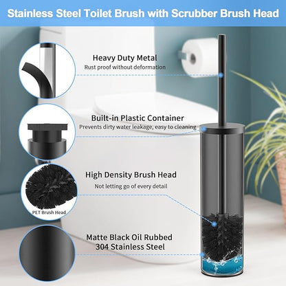 Stainless Steel Toilet Brush and Holder Set Brushed Silver Heavy Duty Toilet Bowl Brush with Long Handle for Bathroom and Farmhouse (Black-2)