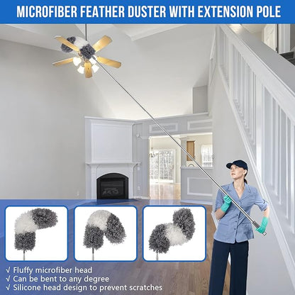 UIMO Microfiber Feather Duster Kit with Extension Pole (30–100") – Bendable Washable Heads, Extendable Dusters for Cleaning Ceiling Fan, High Ceiling, Blinds, Furniture & Cars (5 Pcs)