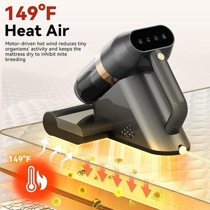 Mattress Cleaner, Bed Vacuum Cleaner with 149°F Heat, 16KPa Powerful Suction, 253.7nm U V-C Light, 40,000 RPM Brushroll, HEPA Filter, Dual 400ml Dust Cups for Sofa, Pet Hair, Wired Corded
