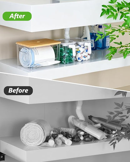 iCASA Trash Bag Dispenser Organizer - Large 3 in 1 Garbage Bag Dispenser Holder Dishwasher Pods Container, Clear Under Kitchen Sink Organizer, 2pcs Laundry Detergent Pods Storage Box with Handle