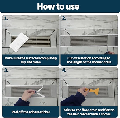 4 Inch x 33 FT Disposable Shower Drain Screen Self-Adhesive Stickers, with Cleaning Shovel, Showers Drain Hair Catcher, Shower Drain Mesh Stickers for Bathroom Kitchen Sink