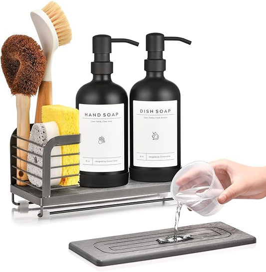 Kitchen Soap Dispenser Set with Drying Tray – 16oz Glass Bottles with Stainless Steel Pumps, Sink Organizer Caddy with Brush Holder & Non-Slip Feet – All-in-One Dish & Hand Soap Station