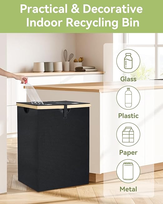 OTraki 140L Recycling Bin for Kitchen, 2 Compartments Large Home Recycle Bin with Lid with 2 Removeable and Reusable Inner Bag for Bottle Can Glass Waste Plastice, Black