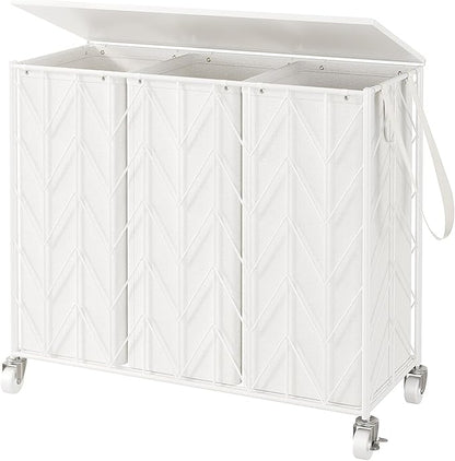 WOWLIVE Laundry Basket with Wheels, 142L Laundry Hamper 3 Section with Lid, Dirty Clothes Hamper with Removable Bags, Large Capacity Iron-Made Laundry Basket Organizer Laundry Sorter for Dorm, White