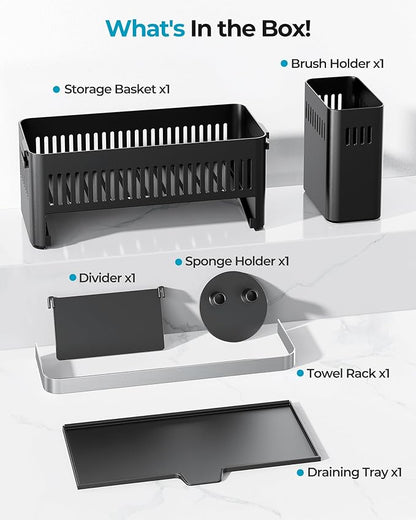Nieifi Sponge Holder for Kitchen Sink, Sink Caddy with High Brush Holder and Towel Rack, Kitchen Countertop Organizer and Storage Essential (Black with Smiley Face, 10.12″)