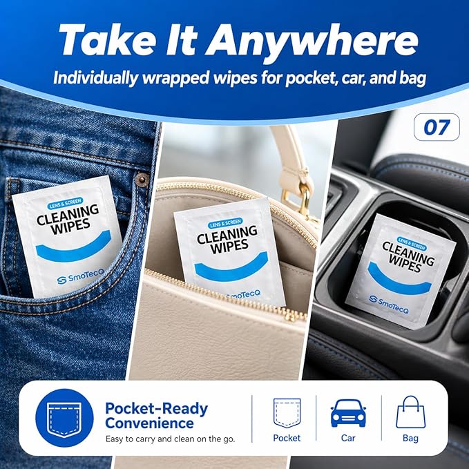SmoTecQ Lens Wipes for Glasses, 180 Individually Wrapped Eyeglass Cleaning Wipes with 2 Microfiber Cloths for a Streak-Free Finish, Safe for Coated Lenses, Screens & Camera Lenses