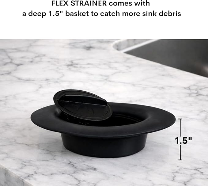 Flex Strainer® Sink Drain Strainer with Optional Stopper – No Center Stem, Fits Standard 3½” Sink Drains & Disposals – Easy Clean, Dishwasher Safe – Made in USA – Black, 2-Pack