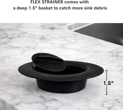 Flex Strainer® Sink Drain Strainer with Optional Stopper – No Center Stem, Fits Standard 3½” Sink Drains & Disposals – Easy Clean, Dishwasher Safe – Made in USA – Black, 2-Pack