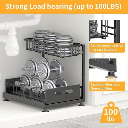 Saydear Under Sink Organizer Storage 2-Tier Premium Metal Pull-Out Kitchen Cabinet Organizer with Sliding Drawer, Height Adjustable, Heavy Duty for Kitchen & Bathroom Organizers 1 Pack Black
