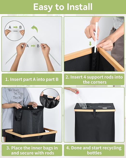 OTraki 140L Recycling Bin for Kitchen, 2 Compartments Large Home Recycle Bin with Lid with 2 Removeable and Reusable Inner Bag for Bottle Can Glass Waste Plastice, Black