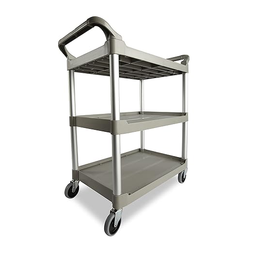 Rubbermaid Commercial Products Heavy Duty 3-Shelf Rolling Service/Utility/Push Cart, 200 lbs. Capacity, Platinum, for Foodservice/Restaurant/Cleaning/Warehouse/Garage