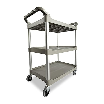 Rubbermaid Commercial Products Heavy Duty 3-Shelf Rolling Service/Utility/Push Cart, 200 lbs. Capacity, Platinum, for Foodservice/Restaurant/Cleaning/Warehouse/Garage