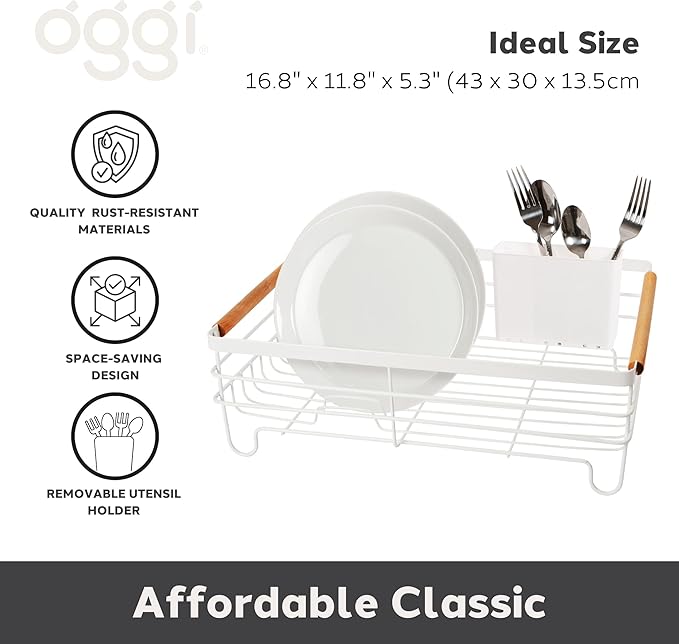 Oggi Large Dish Drying Rack - White & Bamboo Dish Drying Rack, Drying Rack Kitchen, Dish Rack, Dish Racks for Kitchen Counter, Durable Coated Metal Kitchen Drying Rack with Cutlery Holder