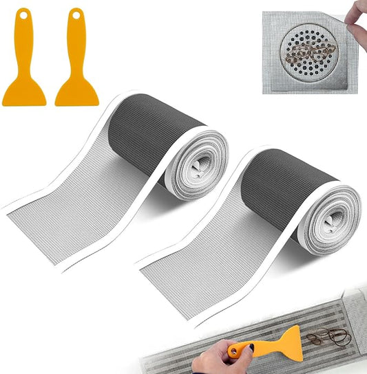 2 PCS 4 Inch x 33 FT Disposable Shower Drain Screen Self-Adhesive Stickers, with Cleaning Shovel, Showers Drain Hair Catcher, Shower Drain Mesh Stickers for Bathroom Kitchen Sink