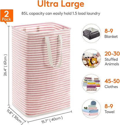 Lifewit 2 Pack Laundry Basket 85L Each, Collapsible Clothes Hamper with Reinforced Handles, Freestanding Waterproof Design for Bedroom and Laundry Room, Grey&Pink 170L Total