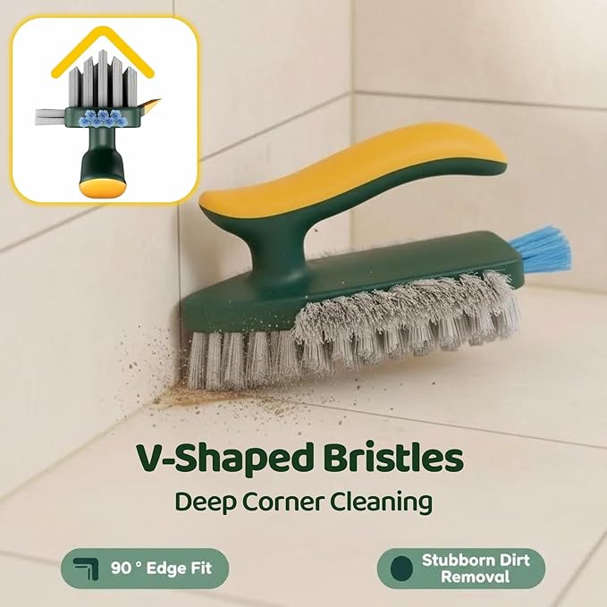 Multifunctional Tile Grout Cleaning Brush with V-Shaped Bristles, 180° Rotating Head, Rubber Wiper Strip, Green and Yellow