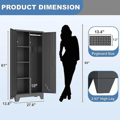 VASAAOSD 61" Broom Closet Storage Cabinet, Metal Storage Cabinet with Doors, Utility Cabinets for Brooms and Mops, Cleaning Tool Cabinets for Garage, Laundry Room, Bathroom