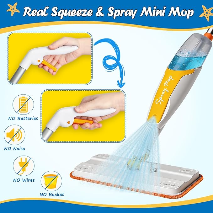 Kids Spray Mop Toy - Real Working Toddler Cleaning Set with 420ML Water Bottle, Scraper & 2 Washable Pads, Montessori Housekeeping Cleaning Toy for Pretend Play