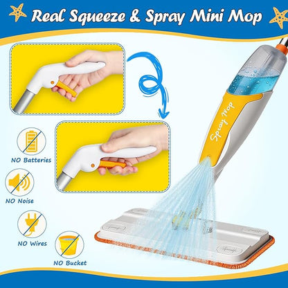 Kids Spray Mop Toy - Real Working Toddler Cleaning Set with 420ML Water Bottle, Scraper & 2 Washable Pads, Montessori Housekeeping Cleaning Toy for Pretend Play